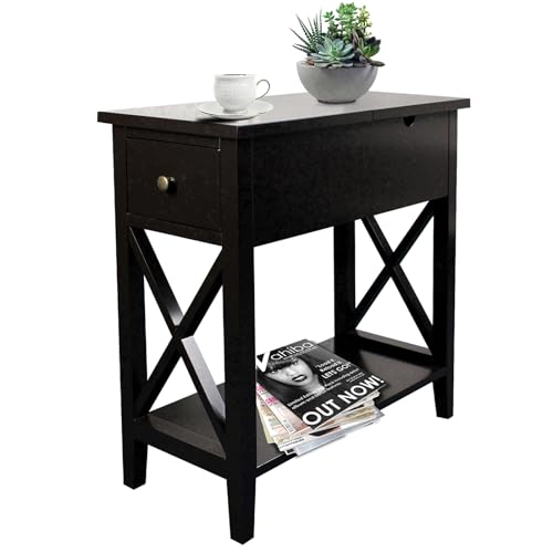 ChooChoo End Table, Flip Top Narrow End Table with Drawer | Narrow Side Table with Flip Top, Accent Small Side Table Nightstand for Living Room, Bedroom, and Small Spaces, Black - color: Black, size: 1 Pack, style: Without Power