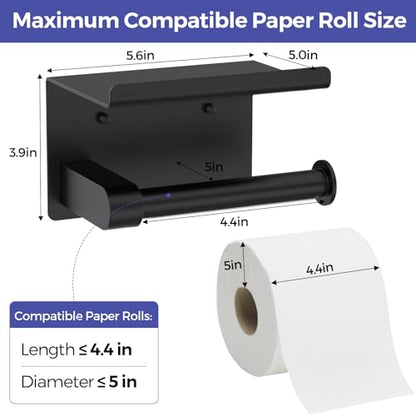 Bntuk Toilet Paper Holder with Shelf, Self-Adhesive or Screw Wall Mount Toilet Paper Holder with Wipes Storage, Rustproof Stainless Steel Tissue Roll Holder for Bathroom Washroom (Matte Black) - color: Black