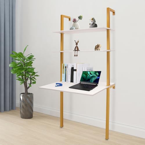 2-Shelf Industrial Wall Mount Ladder，Wall Mount Computer or Writing Desk, Computer Laptop Desk with Shelves, Wall Table Floating Desk with Storage for Home Office, Gold, (20" Dx30 Wx72.8 H) - color: Gold/ White