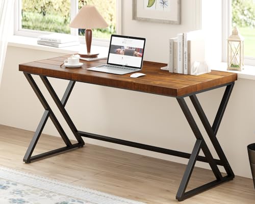 Real Wood Computer Desk, Modern Natural Wood Home Office Desk, Rustic Solid Wood Work Study Writing Desk, Farmhouse Workstation PC Gaming Executive Table for Bedroom, Brown, 47 inch - size: 47 inch
