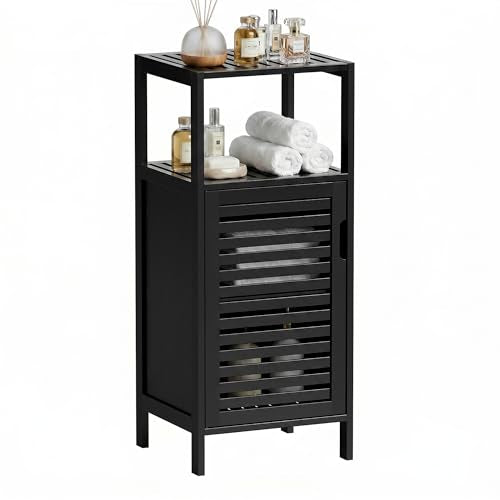 HITNET Bamboo Floor Cabinet, Small Bathroom Cabinet Floor Standing, 4 Tier Narrow Side Storage Cabinet, Space Saving Kitchen Cupboard with Single Door, Black - color: Black