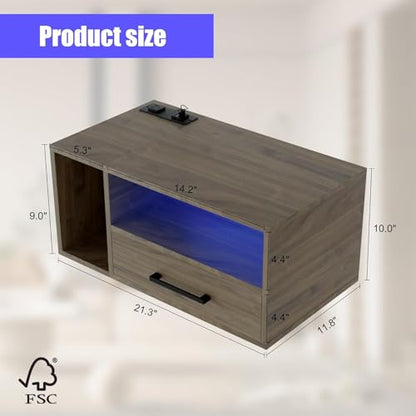 Homaterial Floating Nightstand with Charging Station and LED Lights, Floating Bedside Table with Drawers Wall Mounted Nightstands,for Bedroom Room, 21.3" x 11.8" x 10",Grayish Brown - color: Grayish Brown