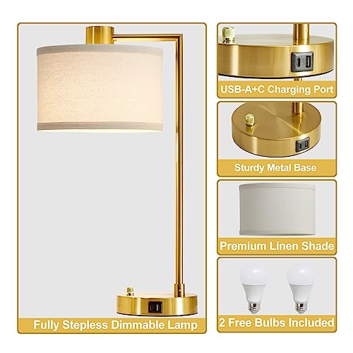 Luvkczc Table Lamp for Bedroom Set of 2 with USB C+A Ports, Fully Stepless Dimmable Bedside Lamp with Linen Lampshade, Nightstand Lamp for Living Room Reading Office, 2 LED Bulbs Included (Gold) - color: Gold