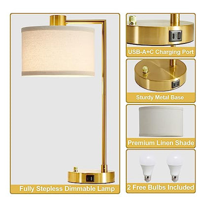 Luvkczc Table Lamp for Bedroom Set of 2 with USB C+A Ports, Fully Stepless Dimmable Bedside Lamp with Linen Lampshade, Nightstand Lamp for Living Room Reading Office, 2 LED Bulbs Included (Gold) - color: Gold