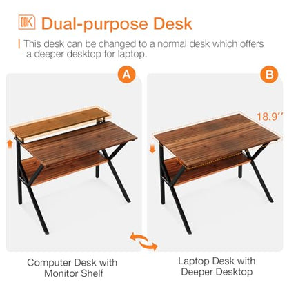 ODK Small Desk, 27.5 Inch Computer Desk for Small Spaces, Study Desk with Storage & Monitor Stand, Deep Brown - color: Deep Brown