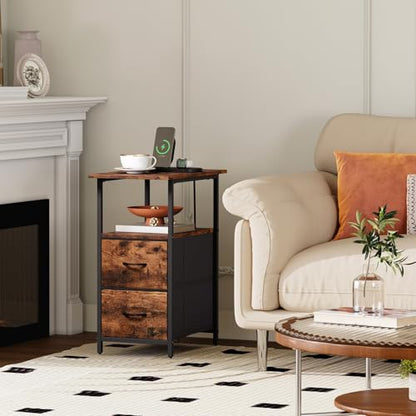 Somdot End Table with Charging Station, Narrow Side Table with 2 Fabric Drawers, Skinny Nightstand with Storage, Small Slim Bedside Table for Living Room, Sofa, Bedroom, Couch, Wood Grain Print - color: Wood Grain Print