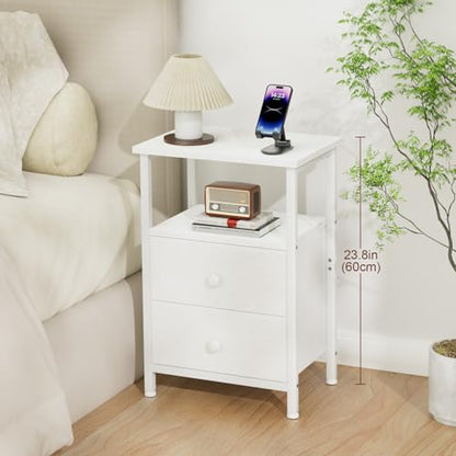 Night Stand, White Nightstands Set of 2 for Bedroom | Small Bedside Table with 2 Fabric Drawers, End Tables Living Room, Bed Side Table with Open Storage Shelf - color: White