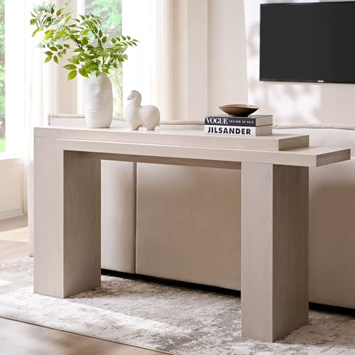 OKD 63" Modern Geometric Console Table with Layered Top, White Alder | Extended Layered Top, Sturdy Support Legs, Entryway, Hallway, Foyer, Living room, Behind Sofa - color: White Alder