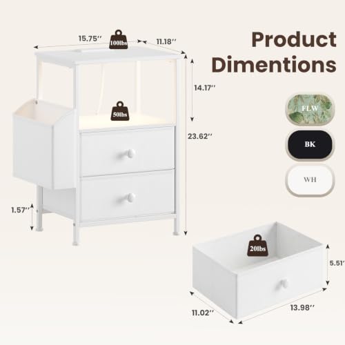 MALOL Night Stand with Charging Station & Led Light Strip, Bedside Table with Open Shelf & 2 Fabric Drawers and Reversible Side Storage Pocket, Modern End Table Bedroom,Living Room,White - color: White, size: Set of 1