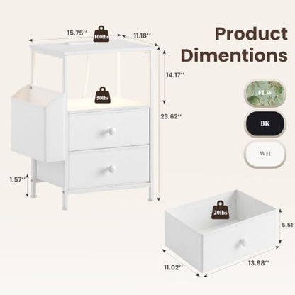 MALOL Night Stand with Charging Station & Led Light Strip, Bedside Table with Open Shelf & 2 Fabric Drawers and Reversible Side Storage Pocket, Modern End Table Bedroom,Living Room,White - color: White, size: Set of 1