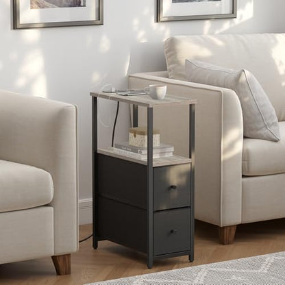 TUTOTAK Small Narrow End Table with Charging Station, Set of 2, Side Table with Outlets, Nightstand with 2 Cloth Drawers, Couch Table, for Living Room, Bedroom, Bedside, Greige TB01BG055 - color: Greige, style: 2 Drawers & Plug