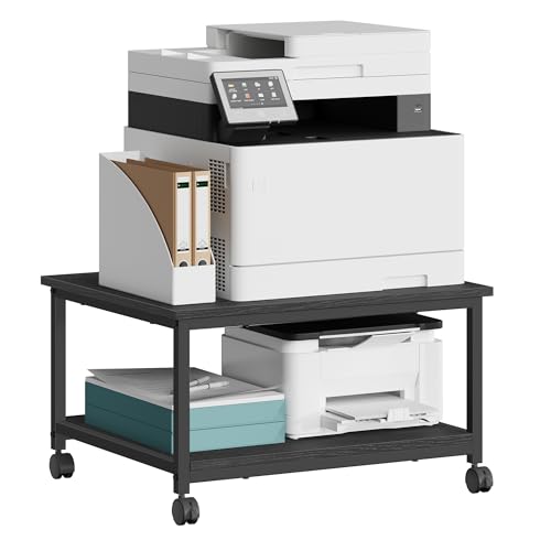 VASAGLE Printer Stand with Locking Wheels, Industrial Mobile Cart, Under Desk Printer Table for Home Office, 23.6 x 19.7 x 13.5 Inches, Storage Shelf, 2-Tier, Ebony Black - color: Ebony Black, size: 2 Tiers/Large
