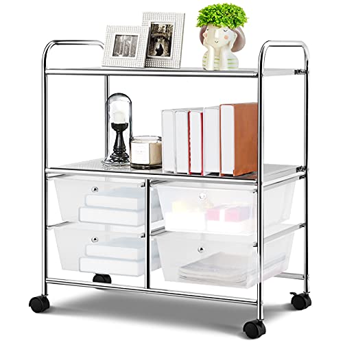 GOFLAME 4-Drawer Rolling Storage Cart with 2 Shelves, Mobile Utility Cart with Removable Drawers and Metal Frame, Art Craft Drawer Cart with Lockable Wheels for Home, Office, School, Studio, Clear - color: Clear