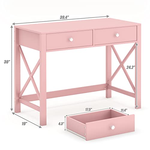 WiberWi Home Office Desk with Drawers, Modern Writing Computer Desk for Bedroom, Small Makeup Vanity Table Study Table for Home Office,Pink - color: Pink
