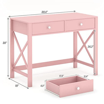 WiberWi Home Office Desk with Drawers, Modern Writing Computer Desk for Bedroom, Small Makeup Vanity Table Study Table for Home Office,Pink - color: Pink
