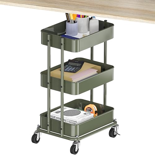 Simple Houseware 3-Tier Utility Cart, Low 24" Height Fits Under Desk, Green | Compact & Lower Height Great for Under-Desk Space-Saving Storage for Home Office, Dining Room, or Kitchen - color: Army Green