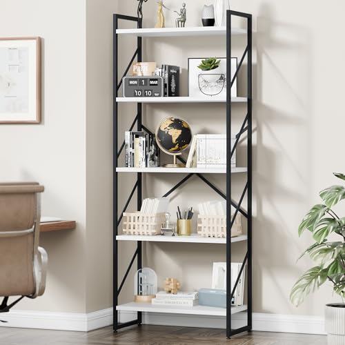 Vongrasig 5 Tier Bookshelf, Modern Tall Bookcase, Industrial Book Shelves Display Standing Shelf, Free Standing Storage Organizer for Bedroom, Living Room, White - color: White