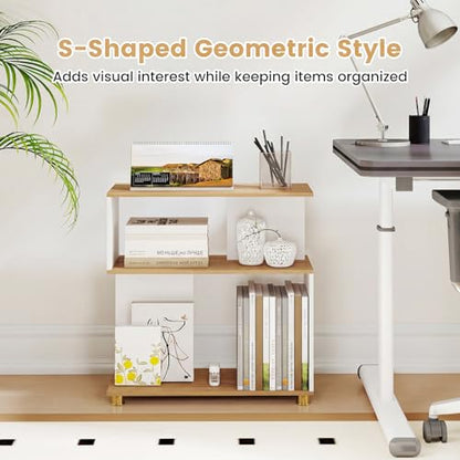 GOFLAME 3-Tier Geometric Bookcase, S-Shaped Bookshelf with 2 Open Back Compartments, Modern Display Rack, Narrow Compact Side End Table Nightstand for Living Room, Home Office (1,White & Natural) - color: White & Natural