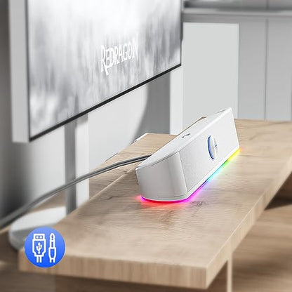 Redragon GS560 RGB Desktop Soundbar, 2.0 Channel Computer Speaker with Dynamic Lighting Bar Audio-Light Sync/Display, Touch-Control Backlit with Volume Knob, USB Powered w/ 3.5mm Cable, White - color: White