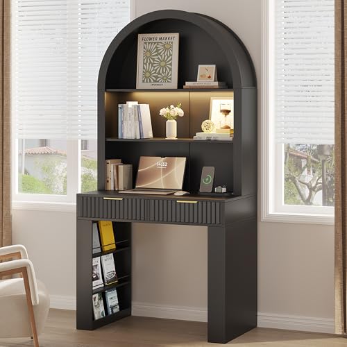 Arched Writing Desk with Hutch, Home Office Desk with 2 Drawers, Secretary Desk with Outlets, 3 Color LED Lights, Open Shelves, Computer Desk for Small Space, Bedroom 35.4" W x 70.8" H (Black)