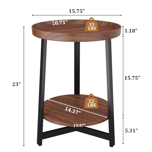 Industrial 2 Tier Round Side Table with Storage Shelf,Accent Tray End Table with Triangular Metal Support, Nightstand Bedside Sofa Table for Living Room, Bedroom, Balcony, Cherry - color: Cherry, style: No Charging Station