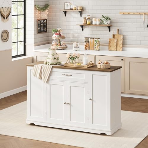 HOSTACK Kitchen Island Cart with Storage, 47'' Kitchen Storage Island on Wheels with 2 Drawers, Rolling Island Table with Adjustable Shelves, Mobile Buffet Sideboard Cabinet for Dining Room, White - style: White + Rustic Brown