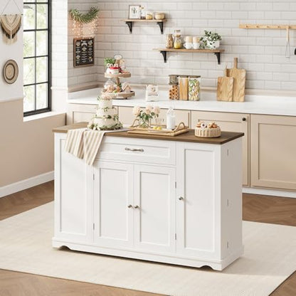 HOSTACK Kitchen Island Cart with Storage, 47'' Kitchen Storage Island on Wheels with 2 Drawers, Rolling Island Table with Adjustable Shelves, Mobile Buffet Sideboard Cabinet for Dining Room, White - style: White + Rustic Brown