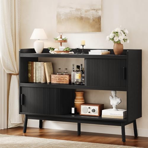 ONBRILL 51.2" Sideboard Buffet Cabinet with Outlet & 2Open Storage Spaces, Fluted Sideboard Cabinet with Sliding Door & Adjustable Shelves, Mid-Century Accent Coffee Bar Console Table with Wooden Feet - color: Black, size: 51.2"