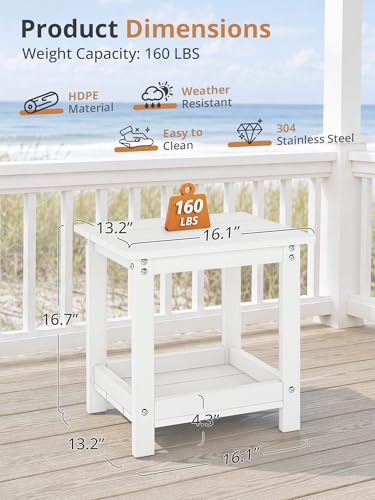 LUE BONA Small Outdoor Side Table, 2-Tier HDPE with Rail, White | Outdoor End Table with Rail for Patio, Deck, Poolside, Weather Resistant HDPE, Low Maintenance, Easy to Clean - color: White