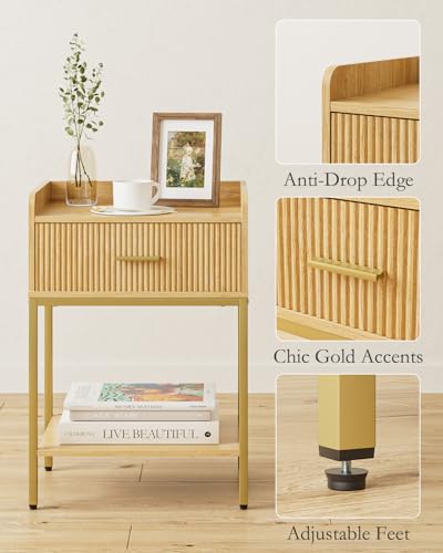 Nightstand, 3-Tier Bed Side Table, Small End Table, Night Stand with Open Shelf and Drawer, Bedside Table for Bedroom, Living Room, Oak - color: Oak, style: Without Charging Station