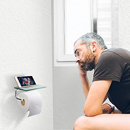 Toilet Paper Holder with Tempered Glass Shelf, Toilet Roll Holder | Modern Bathroom Design, Phone Storage Rack, Steel Construction, Wall Mount, Frosted Finish, Screws or 3M Adhesive Option - color: Silvery