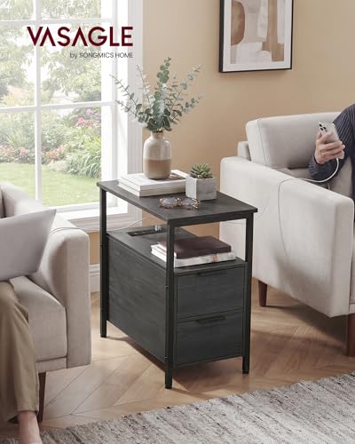VASAGLE Side End Table with Charging Station, Slim Nightstand with 2 Drawers, Narrow Bedside Table for Living Room, Small Spaces, Charcoal Gray and Ink Black ULET321B22V1S - color: Charcoal Gray + Ink Black, size: 23.6"D x 11.8"W