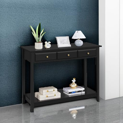 Yaheetech Console Table with 3 Drawers, Wood Entryway Table with Storage Shelf, Sofa Tables Narrow Long for Living Room, Entryway, Hallway, Foyer, Black - color: Black