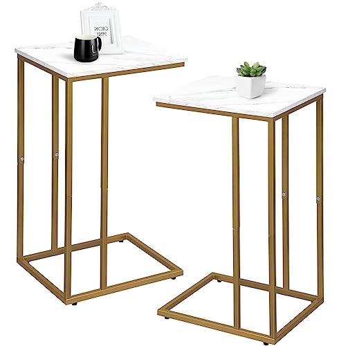 Possile C Shaped End Table Set of 2, Small Side Table for Sofa and Bed, Couch Tables That Slide Under, Snack Side Table for Living Room, Bedroom, White Faux Marble and Gold - color: Gold