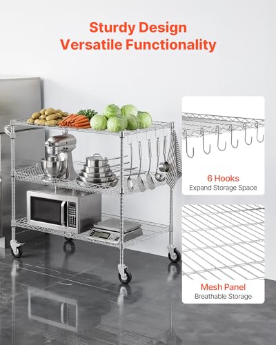 VEVOR Kitchen Utility Cart, 3 Tier Heavy Duty Adjustable Wire Storage Rack, Commercial Steel Rolling Service Trolley on Wheels, Work Table with Handle Bar, for Garage and Laundry Room, 40x25x40.9 in - size: 25"D x 40"W x 40.9"H