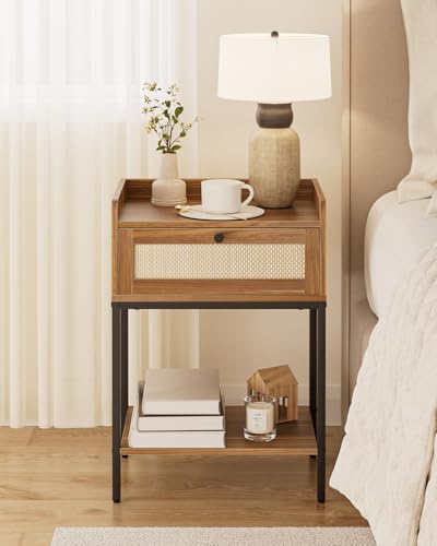 Nightstand,3-Tier Modern Night Stand,Bedside Table with Storage Drawer and Shelf,Small Side Table for Bedroom,Living Room,Walnut Brown - color: Walnut
