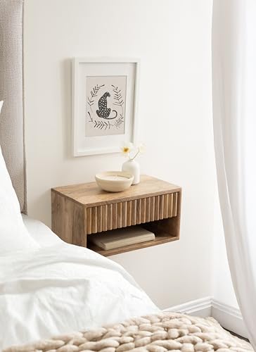 Kate and Laurel Reid Ribbed Wooden Tiered Floating Side Table, 18 x 10 x 9, Natural Wood, Modern Rectangular Mango Wood Floating Nightstand with Drawer for Bedroom Storage or Living Room End Table - color: Natural