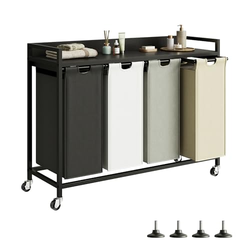Herture Laundry Hamper with Shelf, Laundry Basket 4 Section, Laundry Sorter with Pull-Out Removable Large 4 Color Bags and Movable Wheels, Metal Frame, 4 x 15.87 Gallons (60L), Black PF07XLK - color: Black + 4-Color, size: 4 Bags-240 L