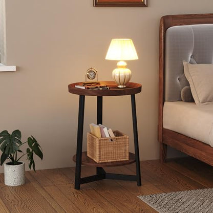 Industrial 2 Tier Round Side Table with Storage Shelf,Accent Tray End Table with Triangular Metal Support, Nightstand Bedside Sofa Table for Living Room, Bedroom, Balcony, Cherry - color: Cherry, style: No Charging Station