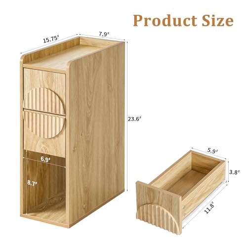 Narrow End Table with 2 Drawers, Fluted Slim Nightstands, Mid Century Modern Wooden Side Table for Small Spaces, 7.9" Wide Skinny Bedside Tables,Narrow Side Table for Bedroom - color: Natural X20