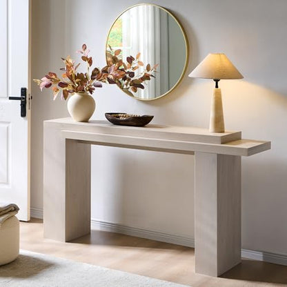 OKD 63" Modern Geometric Console Table with Layered Top, White Alder | Extended Layered Top, Sturdy Support Legs, Entryway, Hallway, Foyer, Living room, Behind Sofa - color: White Alder