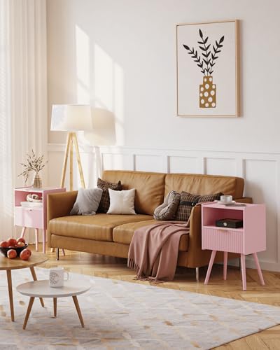 JOONEE Nightstand,Modern Bedside Table with Storage Drawer and Open Wood Shelf, for Living Room, Bedroom and Small Spaces, Accent Night Stand with Solid Wood Legs, Easy Assembly,Classic Pink - color: Pink