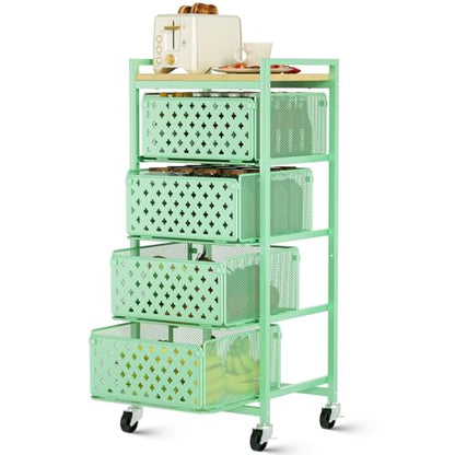 5 Tier Kitchen Storage Cart with Wheels, Utility Fruit Vegetable Storage Rack Stand with Pull-Out Baskets & Wood Top, Metal 4-Drawers Rolling Snack Cart, Kitchen Cart for Potato Onion(Green) - color: Green