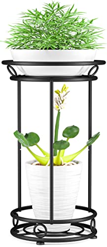 YIUKEA Plant Stand Indoor Outdoor 25.6 Inch Tall 2 Tiered Heavy Duty Metal | Rustproof Planter Shelf Fits 12" pots, 20-30lb Tier Display Organizer Rack for Garden Patio Living Room Bathroom Office,Black - color: Black