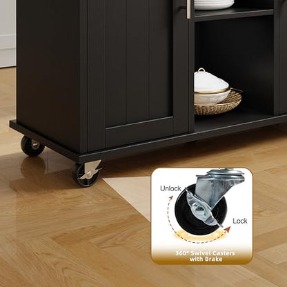 SUNLEI Rolling Kitchen Island Cart with Wheels, Island Table for Kitchen, Farmhouse Kitchen Cart with Drop Leaf & Towel Rack & Drawer, Kitchen Island with Storage Cabinet, Black - style: Black