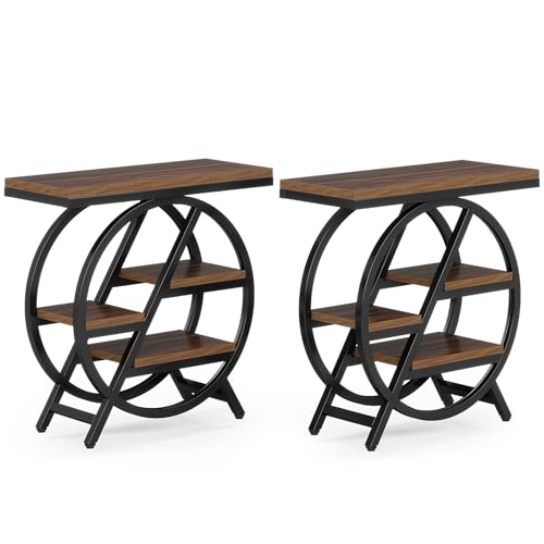 Tribesigns End Table Set of 2, 3-Tier Narrow Sofa Side Table with Storage for Living Room, Wood End Table with Geometric Metal Frame, Industrial Nightstand and Bedside Table for Bedroom, Rustic Brown - color: Rustic Brown