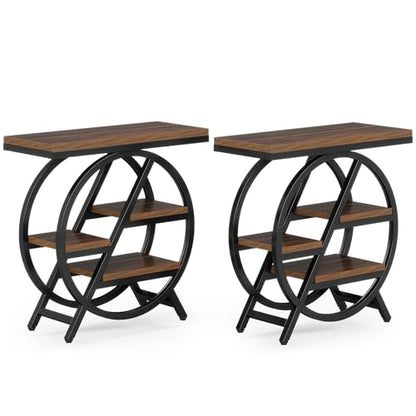 Tribesigns End Table Set of 2, 3-Tier Narrow Sofa Side Table with Storage for Living Room, Wood End Table with Geometric Metal Frame, Industrial Nightstand and Bedside Table for Bedroom, Rustic Brown - color: Rustic Brown