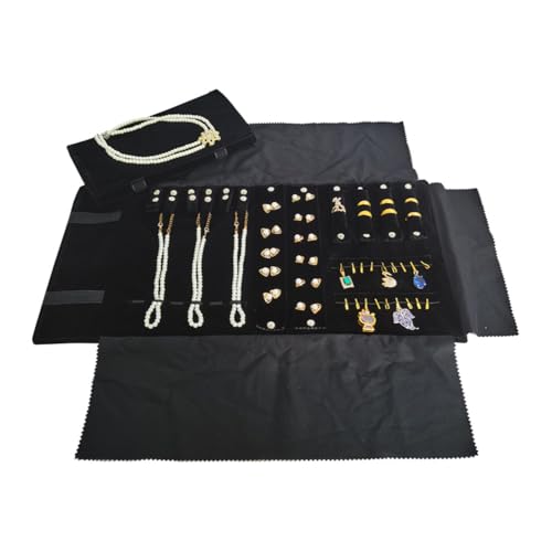 Velvet Travel Jewelry Case Roll Bag Organizer for Necklace Bracelet Earrings Ring (Black) (Black（6+2+4+2) - color: Black (6+2+4+2)