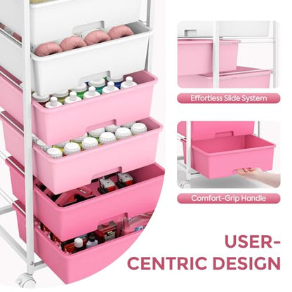 Rolling Storage Cart with 6 Drawers and Wooden Tabletop, Lockable Wheels Utility Cart for Art Studios, Office Supplies & Craft Room Organization (Pink) - color: Pink