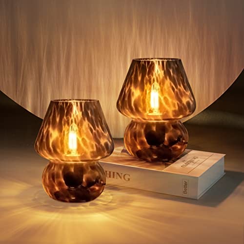 ONEWISH Mushroom Lamp Small Vintage Table Lamp for Bedroom Set of 2, Nightstand Bedside Lamp Translucent Glass Dimmable, Murano Aesthetic Home Decor for Living Room Kitchen Dorm(Black) - color: black-2packs